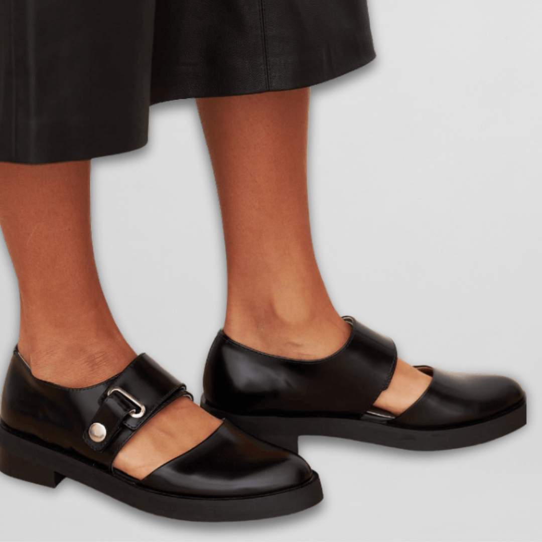 Women's Leather Mary Jane Flats with Adjustable Buckle Strap and Round Toe