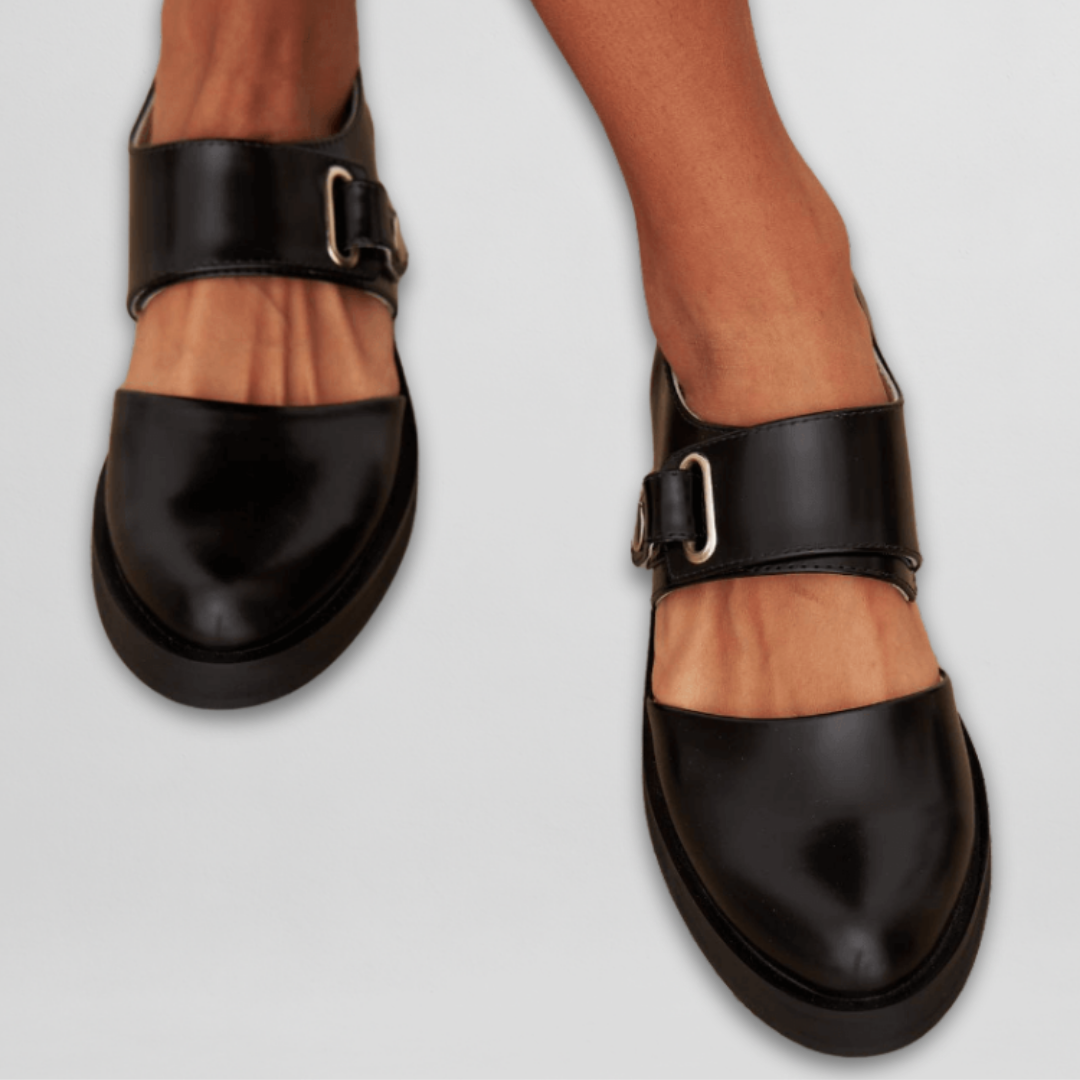 Women's Leather Mary Jane Flats with Adjustable Buckle Strap and Round Toe
