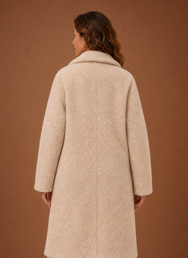 Women's Long Teddy Coat with Notch Lapel and Front Pockets