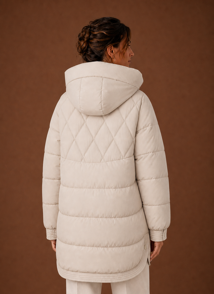 Women's Longline Puffer Jacket with Hood and Diamond Quilting