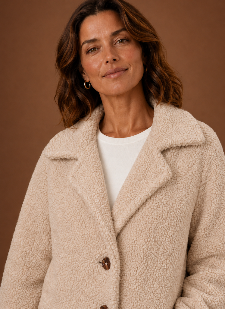 Women's Long Teddy Coat with Notch Lapel and Front Pockets