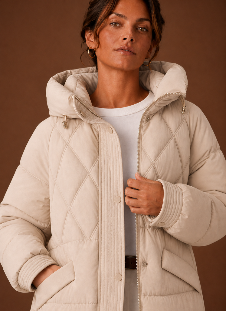 Women's Longline Puffer Jacket with Hood and Diamond Quilting
