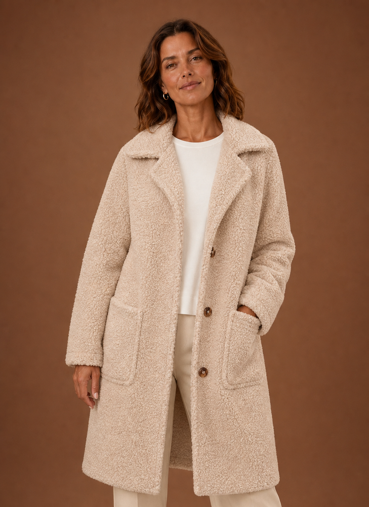 Women's Long Teddy Coat with Notch Lapel and Front Pockets
