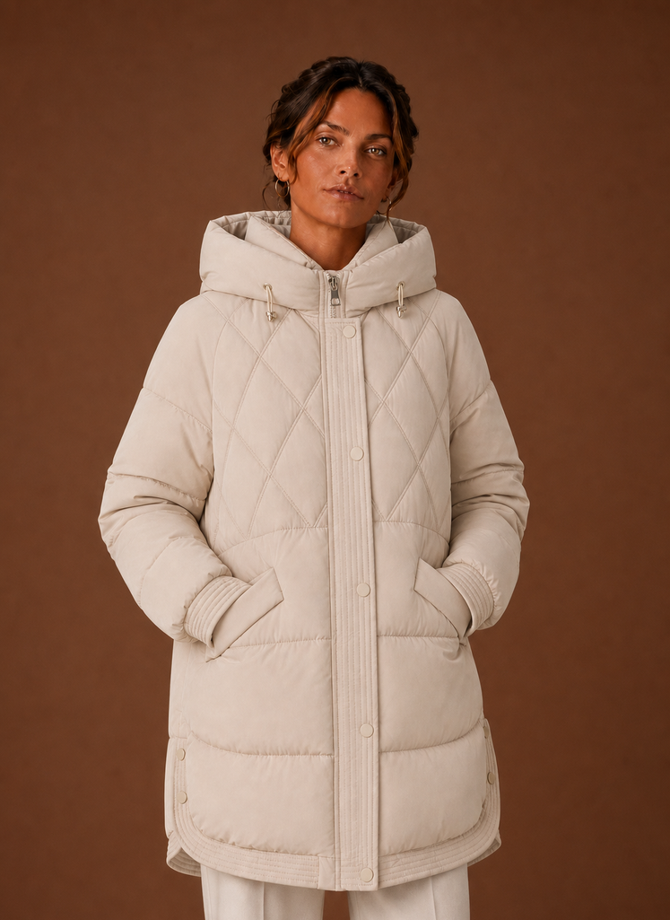 Women's Longline Puffer Jacket with Hood and Diamond Quilting