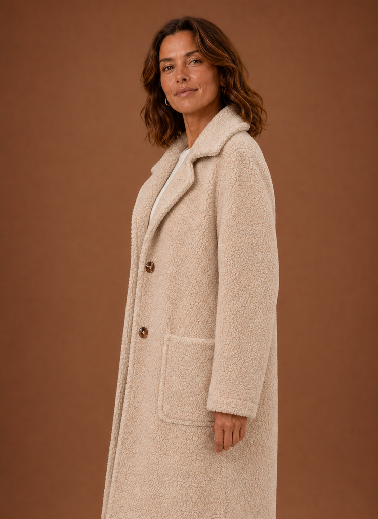 Women's Long Teddy Coat with Notch Lapel and Front Pockets