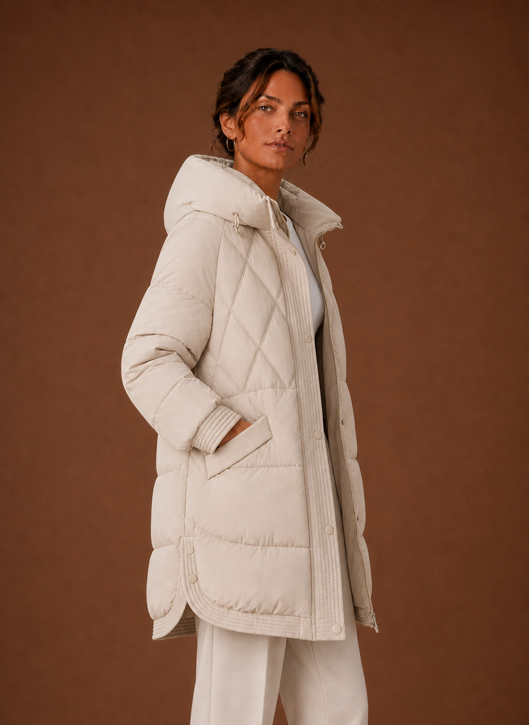 Women's Longline Puffer Jacket with Hood and Diamond Quilting