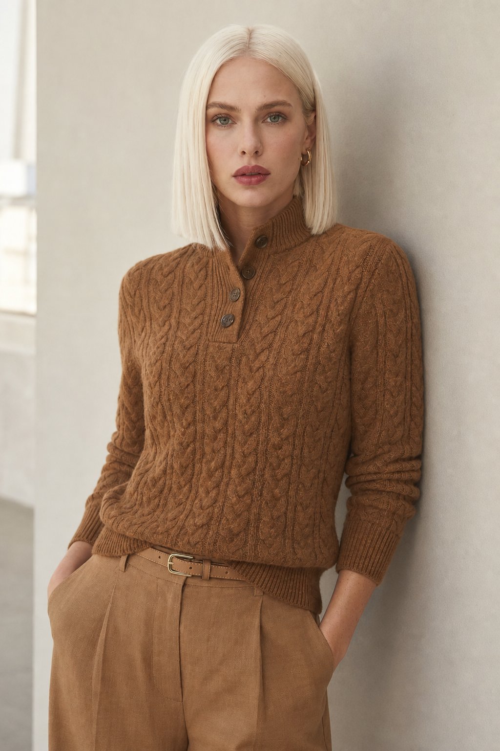 Men's Cashmere Cable Knit Sweater with Button Neck and Long Sleeves