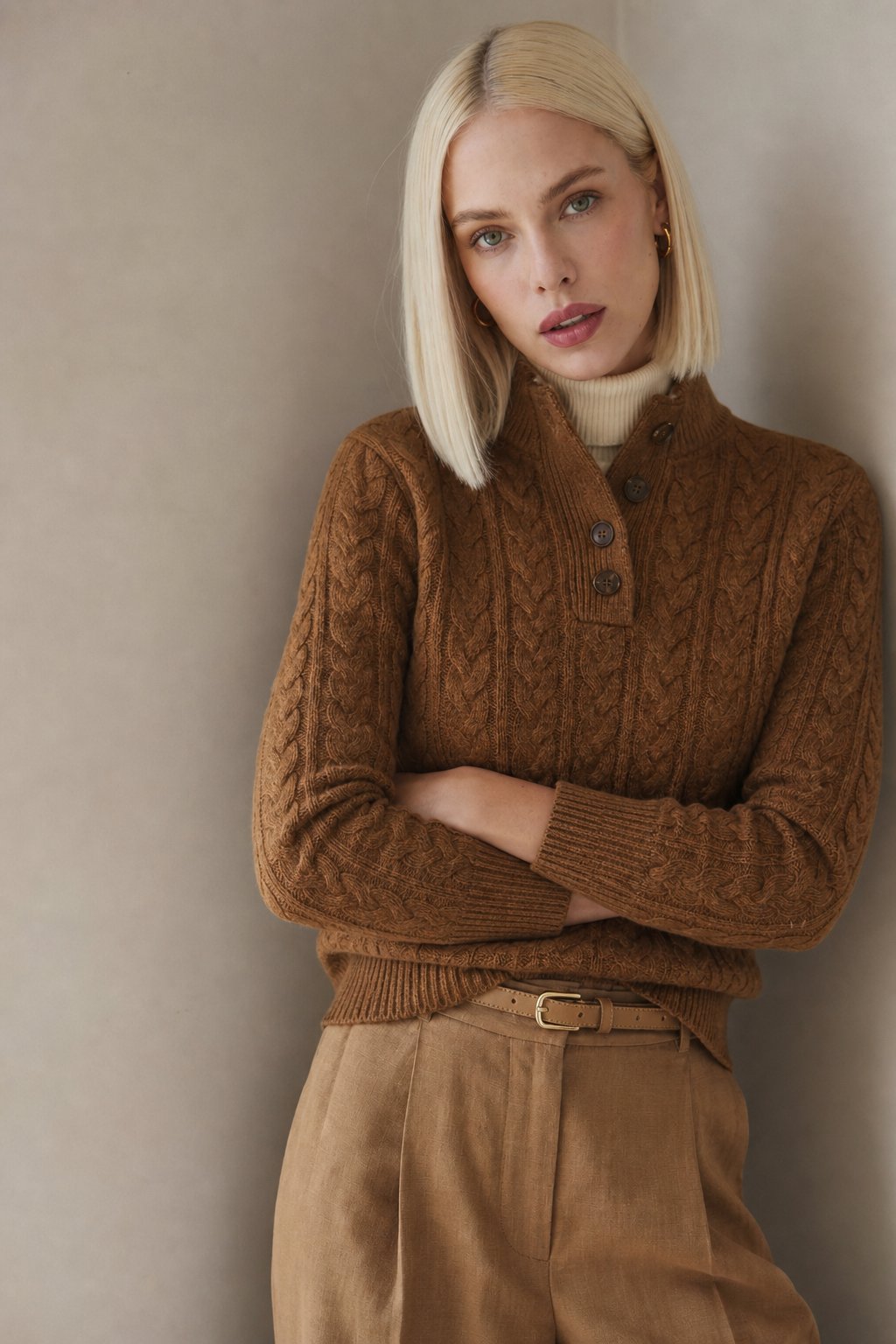 Men's Cashmere Cable Knit Sweater with Button Neck and Long Sleeves
