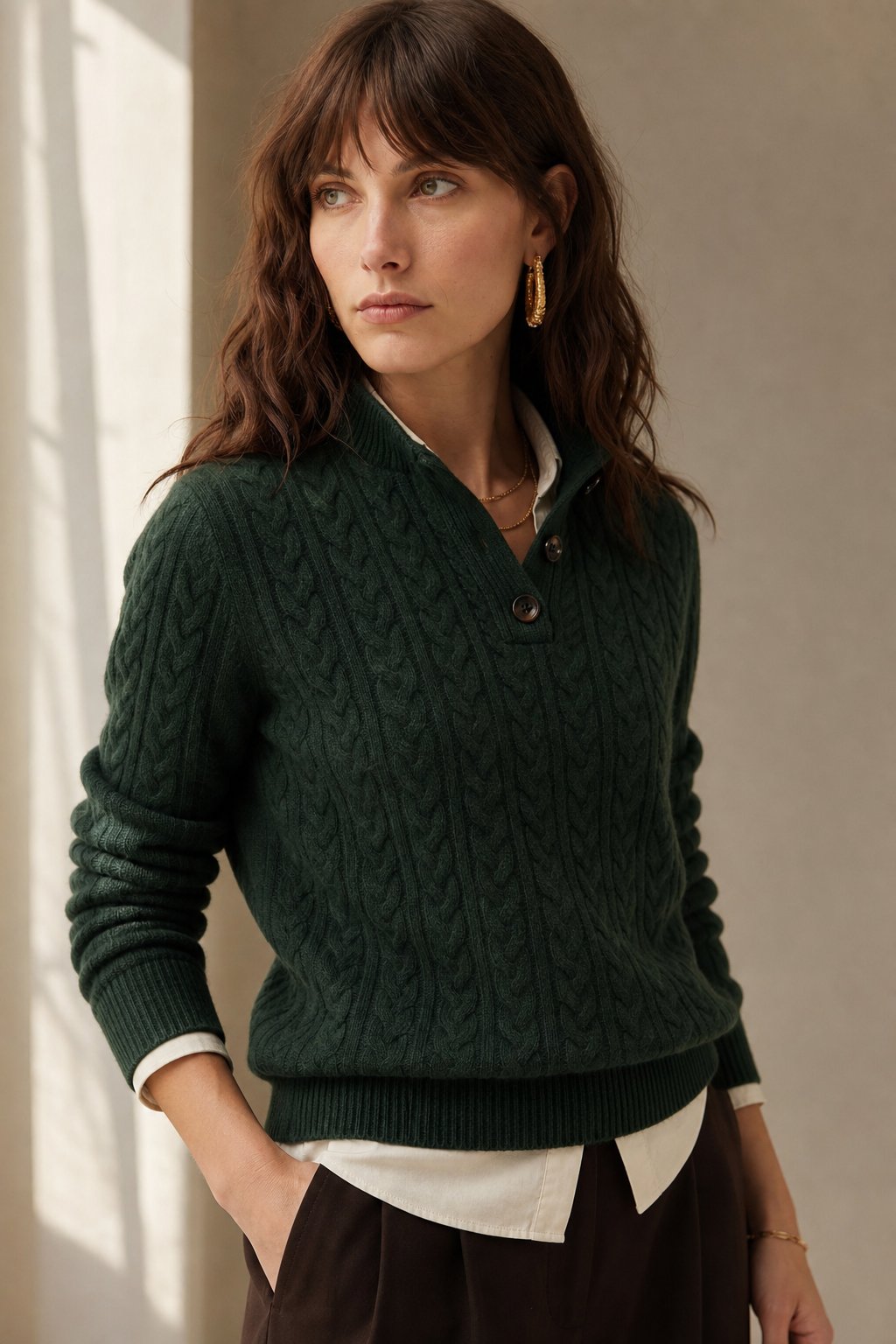 Men's Cashmere Cable Knit Sweater with Button Neck and Long Sleeves