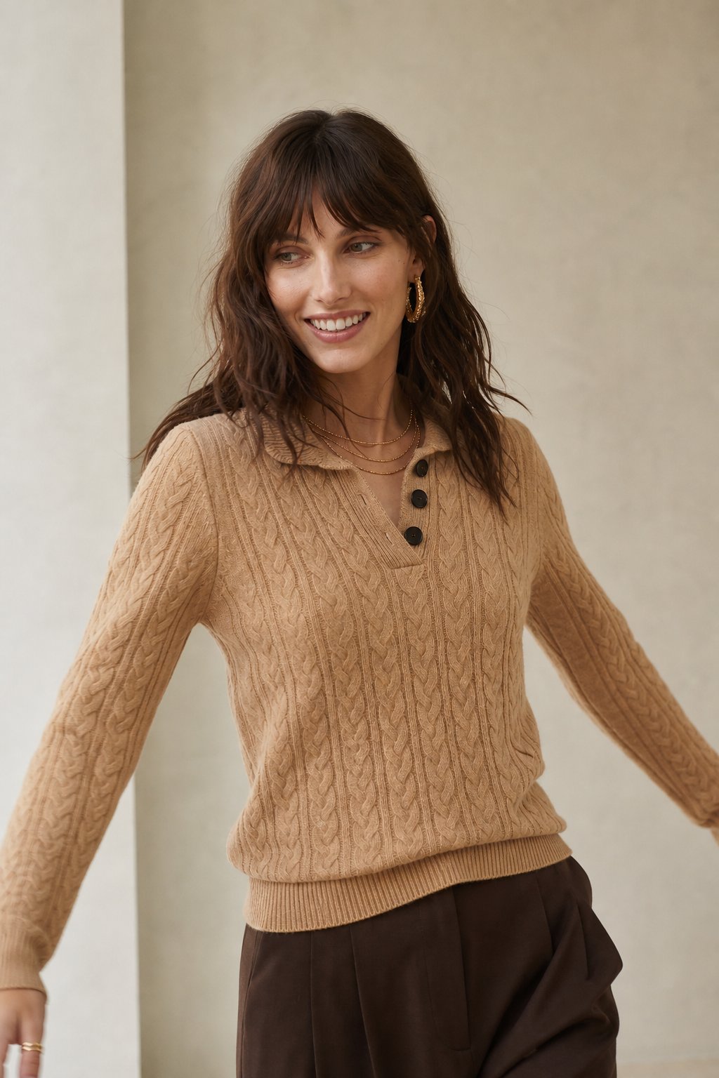 Men's Cashmere Cable Knit Sweater with Button Neck and Long Sleeves