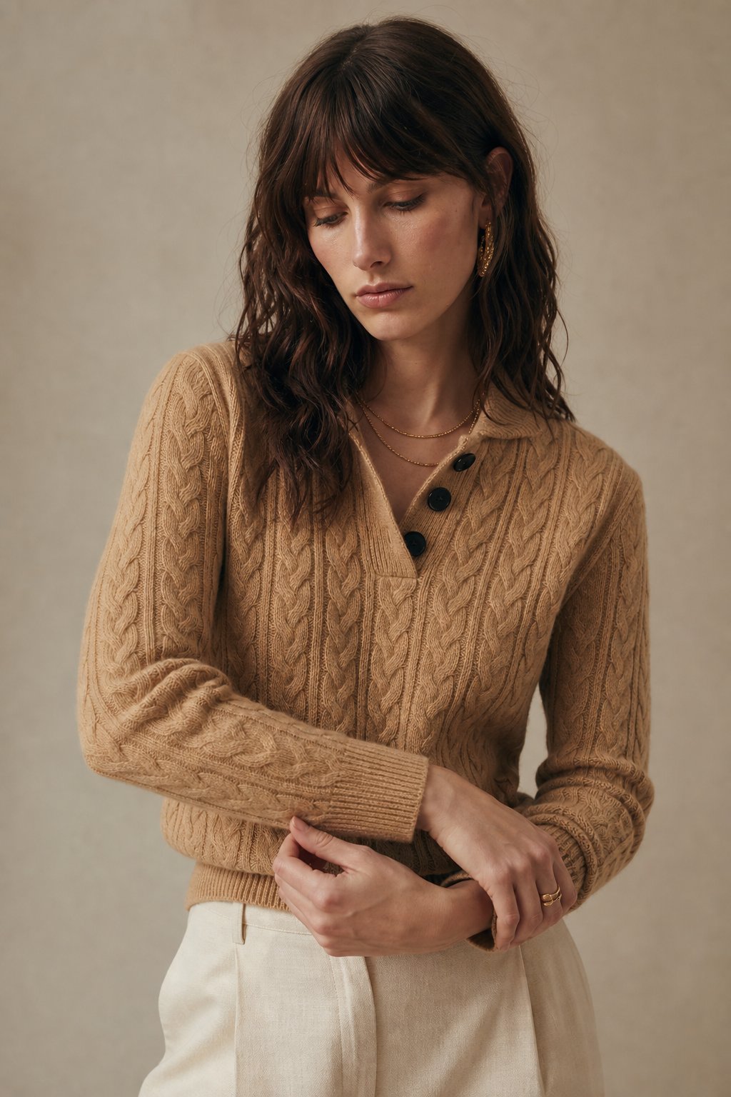 Men's Cashmere Cable Knit Sweater with Button Neck and Long Sleeves