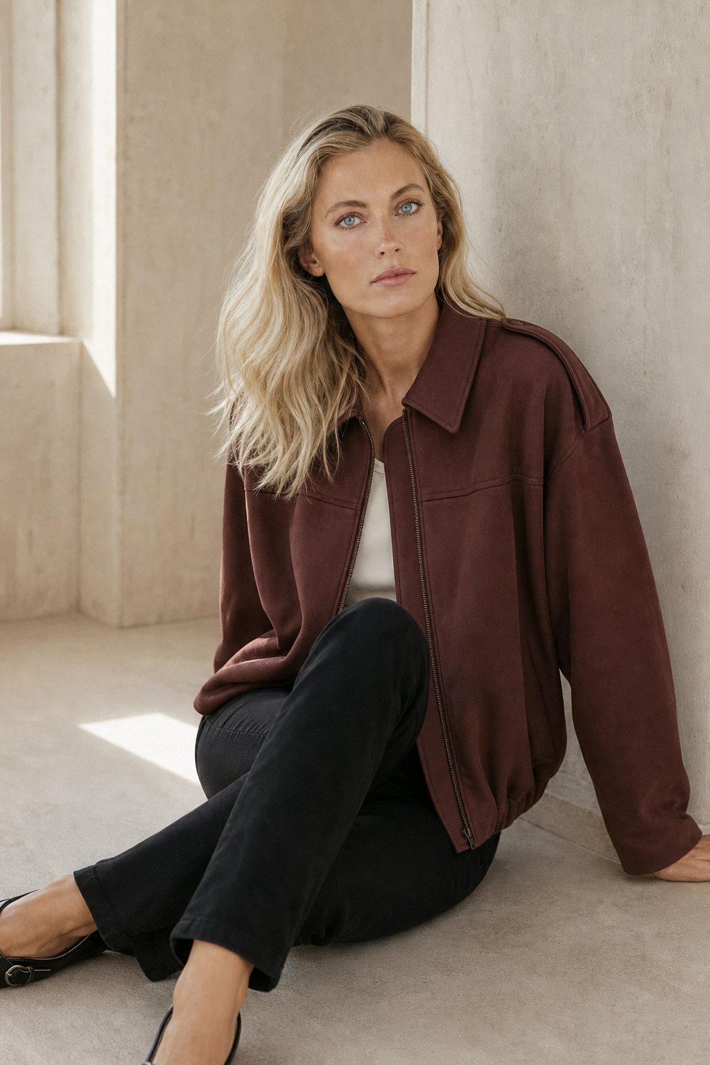 Women's Suede Bomber Jacket with Collar and Zip Front Closure