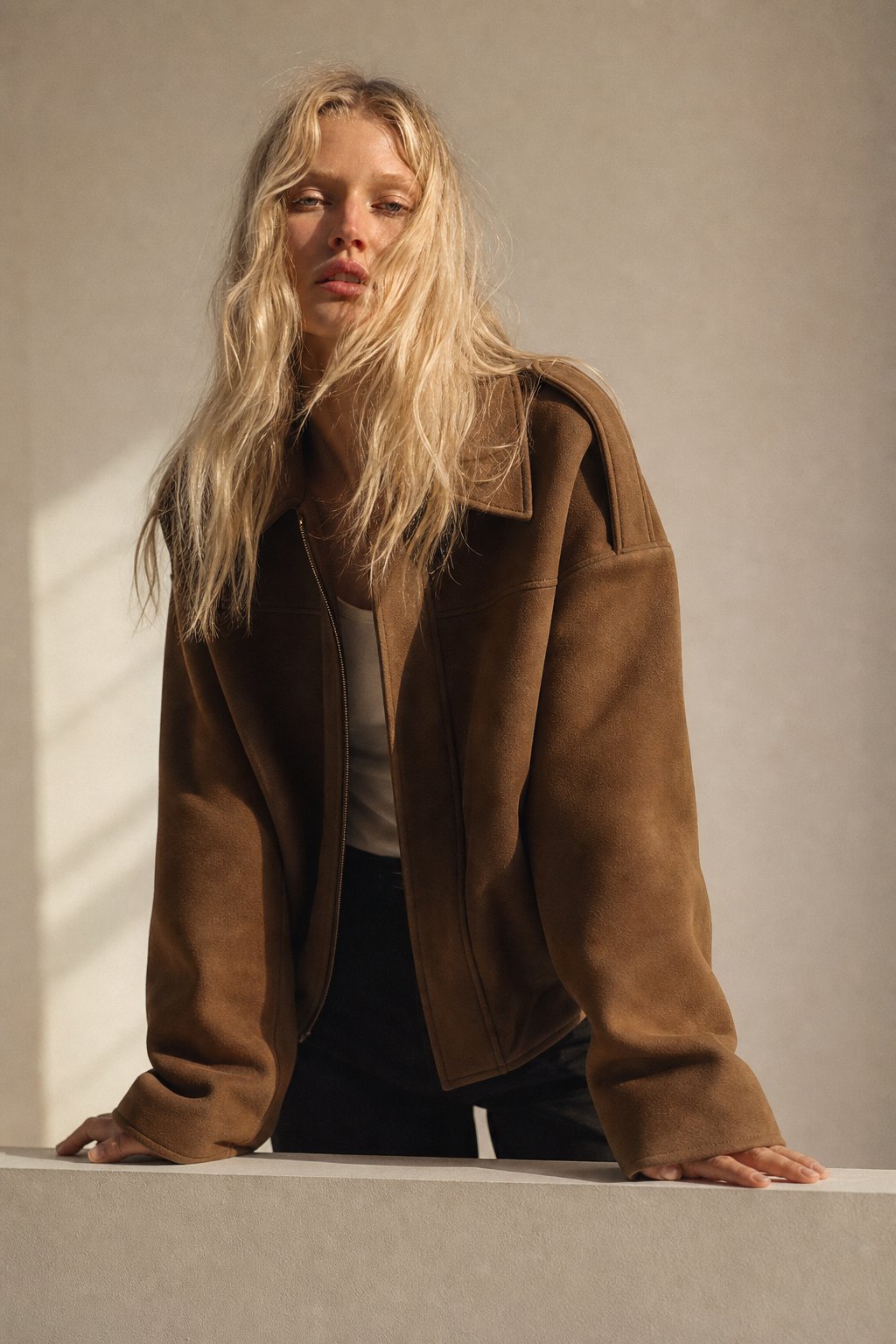 Women's Suede Bomber Jacket with Collar and Zip Front Closure