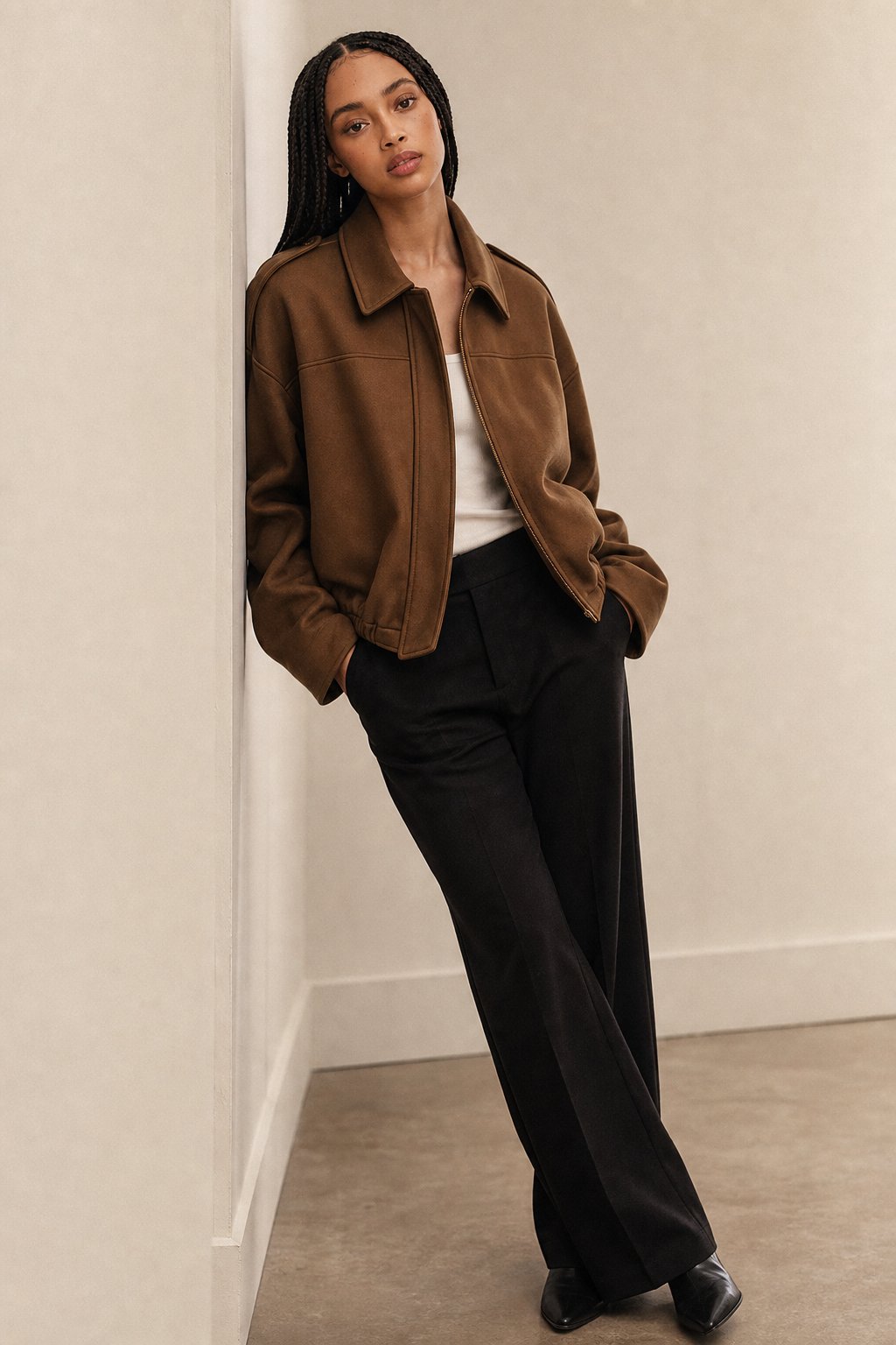 Women's Suede Bomber Jacket with Collar and Zip Front Closure