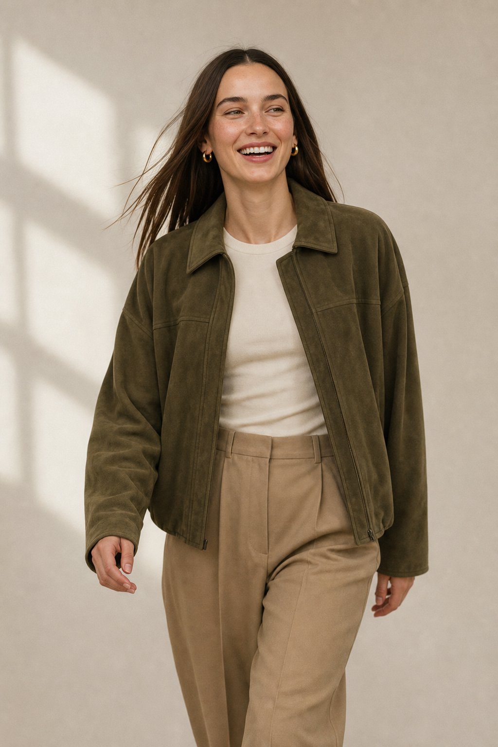 Women's Suede Bomber Jacket with Collar and Zip Front Closure