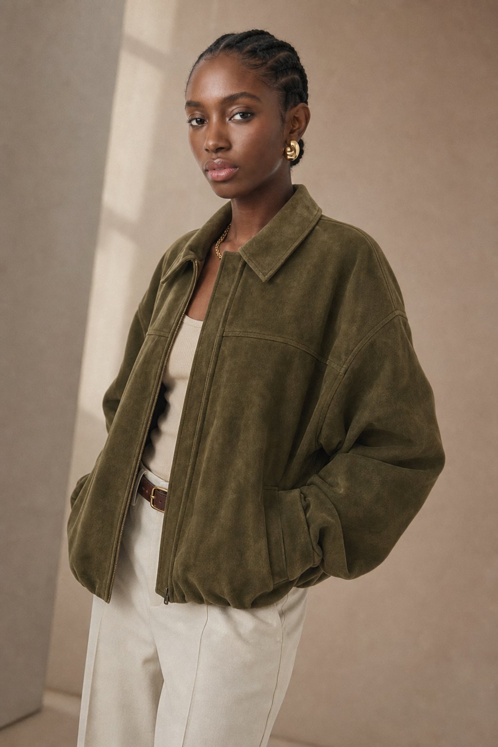Women's Suede Bomber Jacket with Collar and Zip Front Closure