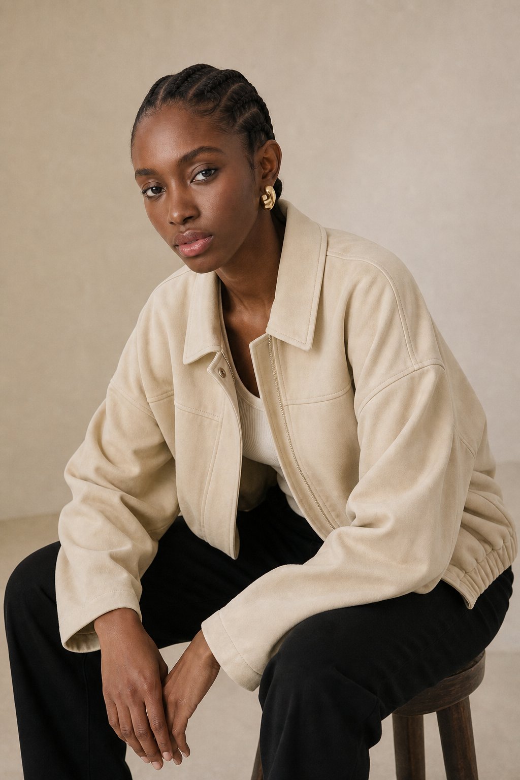 Women's Suede Bomber Jacket with Collar and Zip Front Closure