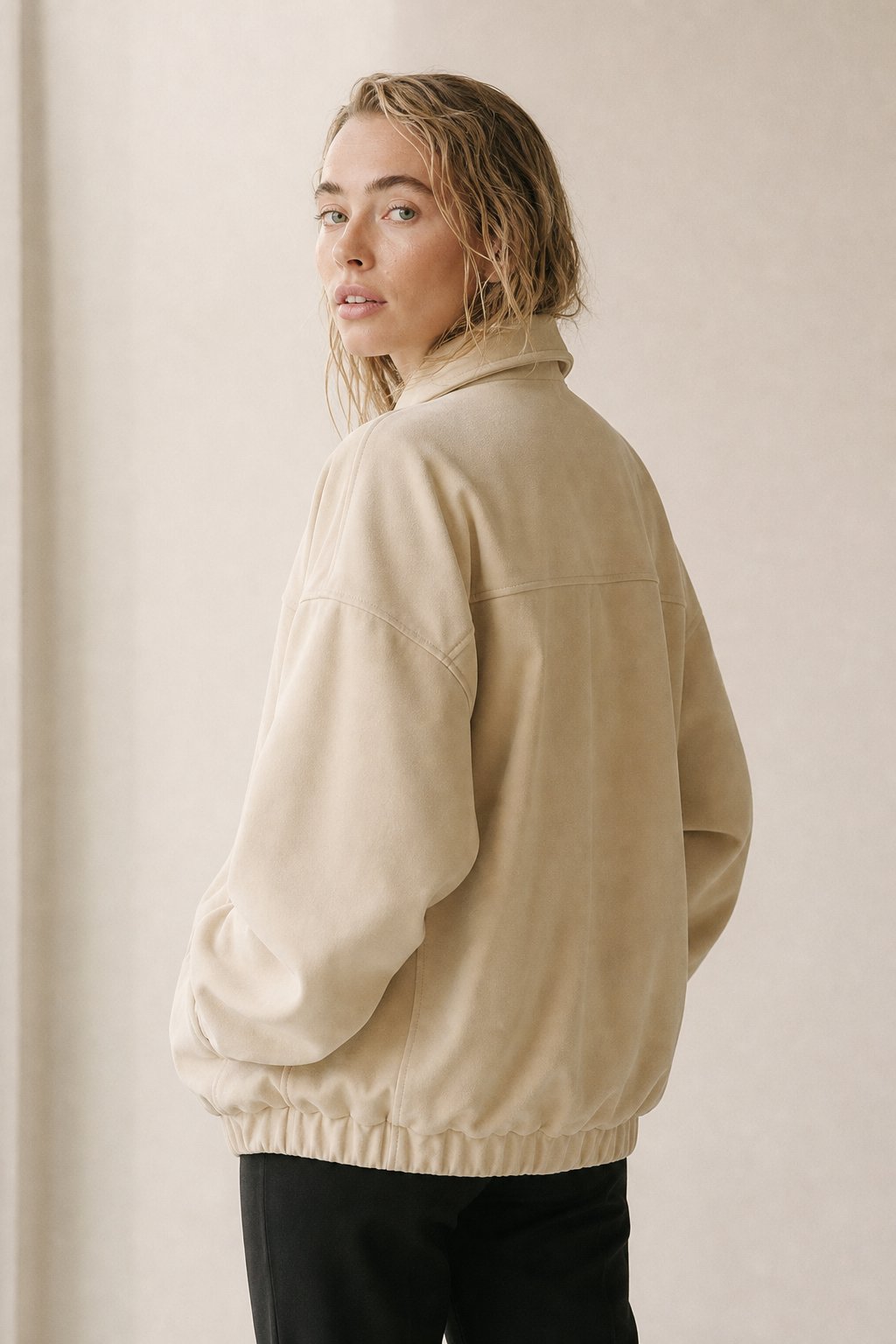 Women's Suede Bomber Jacket with Collar and Zip Front Closure