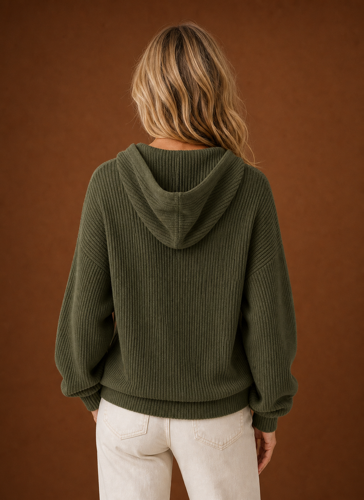 Women's Ribbed Knit Hooded Cardigan with Button Front and Long Sleeves
