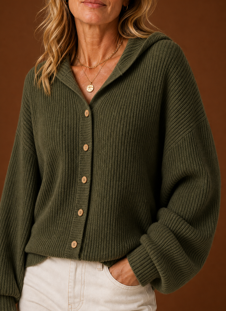Women's Ribbed Knit Hooded Cardigan with Button Front and Long Sleeves