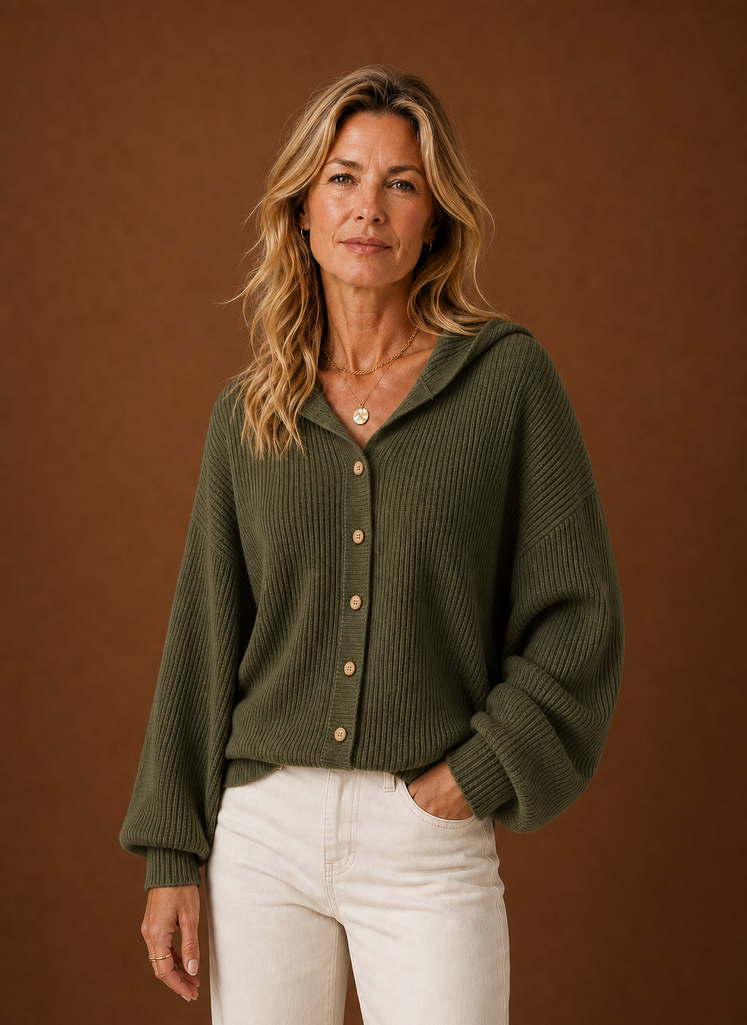 Women's Ribbed Knit Hooded Cardigan with Button Front and Long Sleeves