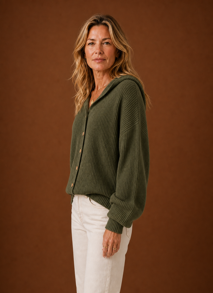 Women's Ribbed Knit Hooded Cardigan with Button Front and Long Sleeves