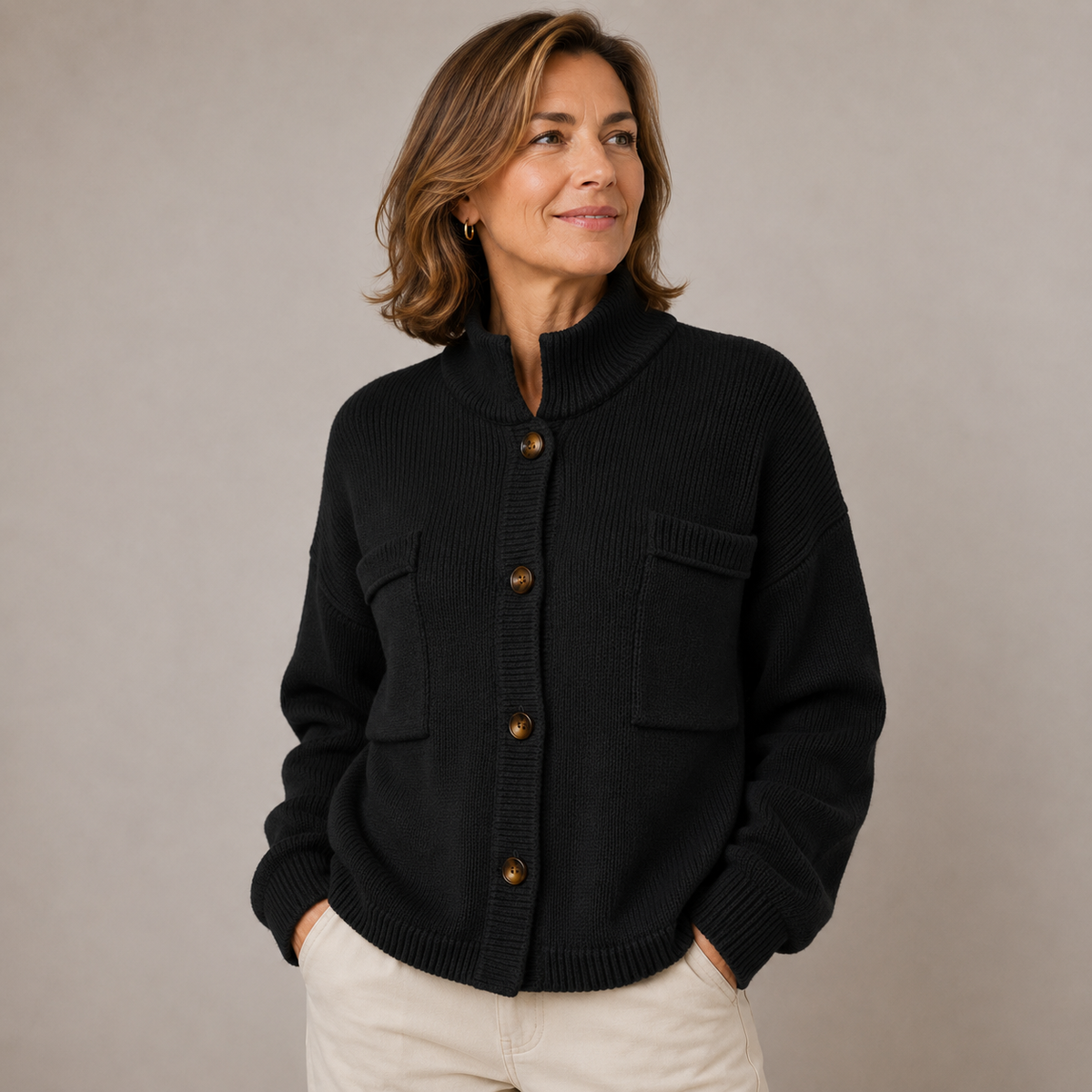 Women's Chunky Knit Cardigan With Stand Collar And Button Front