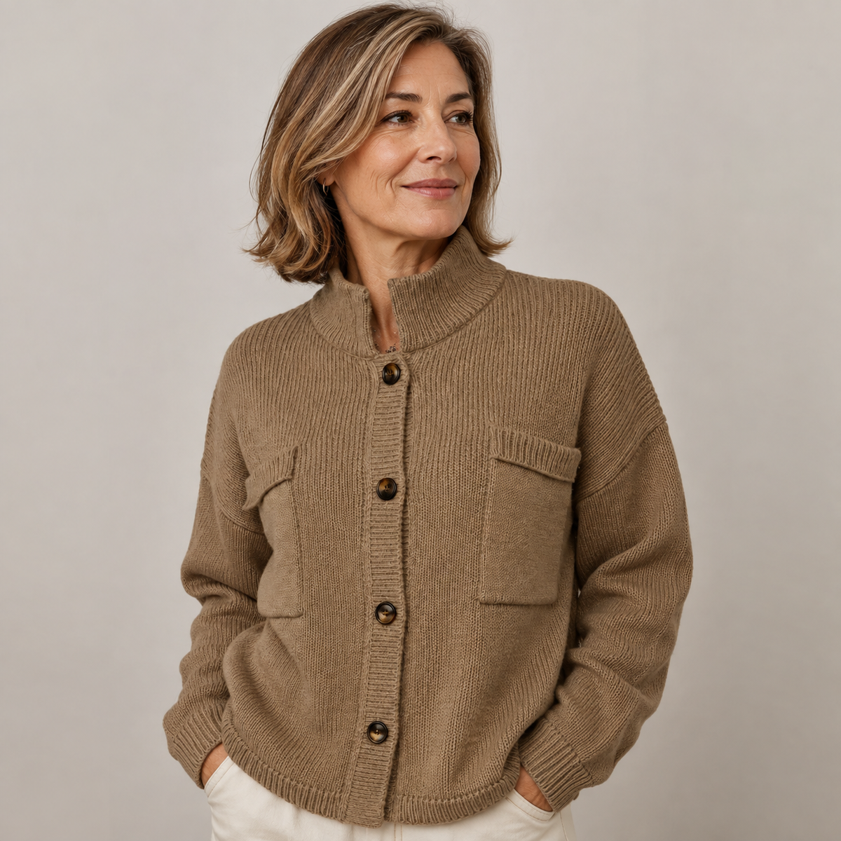 Women's Chunky Knit Cardigan With Stand Collar And Button Front