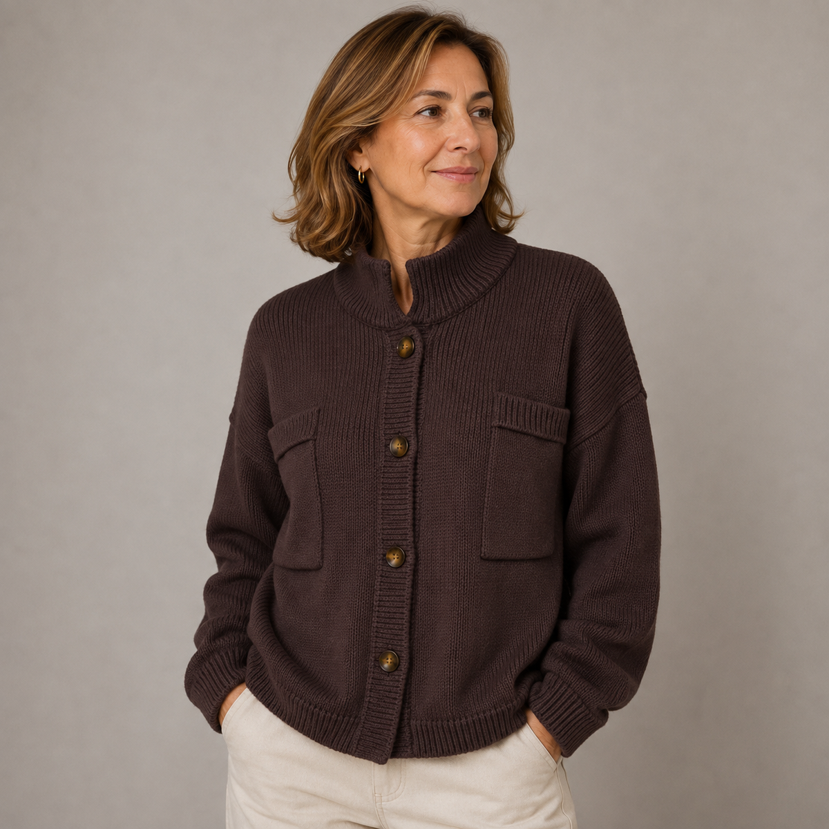 Women's Chunky Knit Cardigan With Stand Collar And Button Front