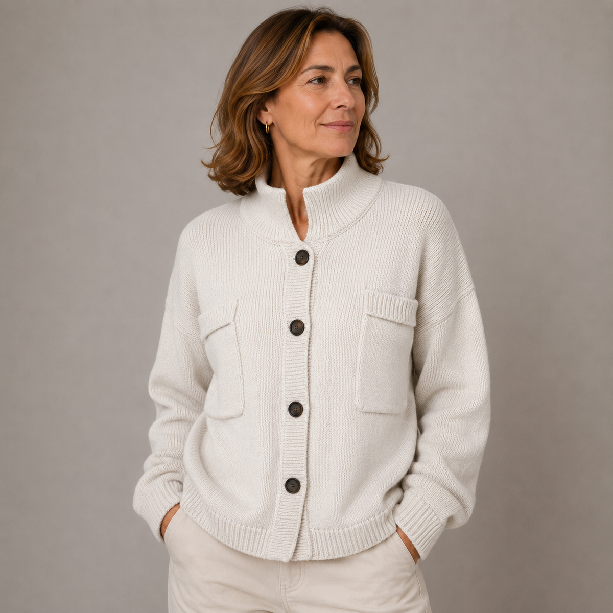 Women's Chunky Knit Cardigan With Stand Collar And Button Front