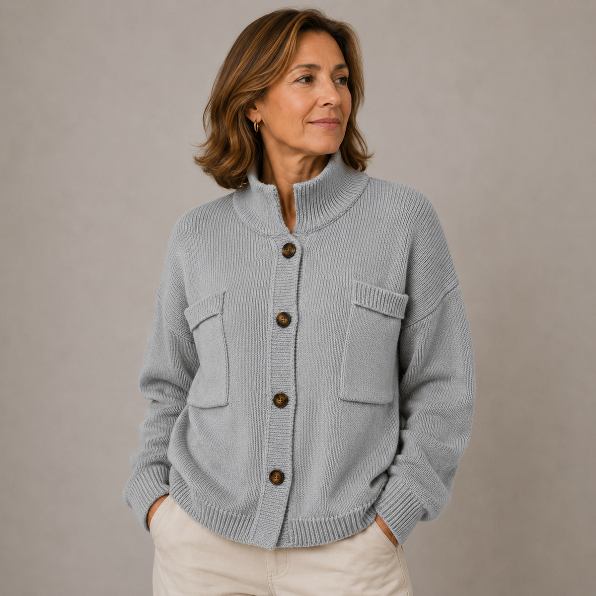 Women's Chunky Knit Cardigan With Stand Collar And Button Front