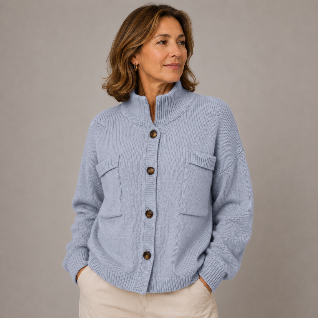 Women's Chunky Knit Cardigan With Stand Collar And Button Front