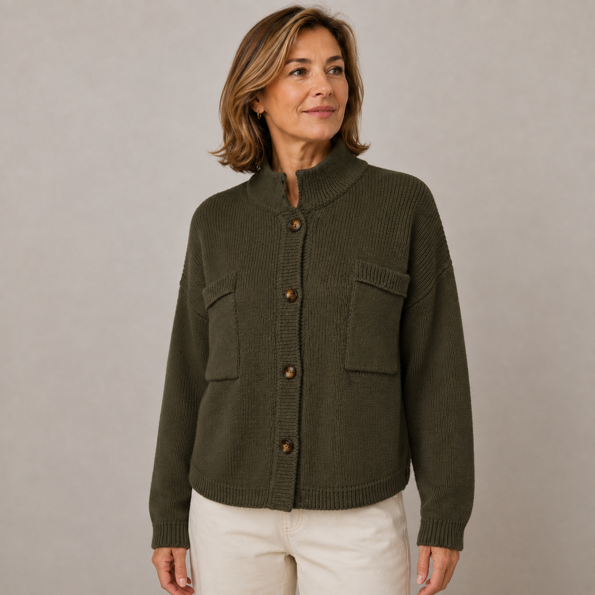 Women's Chunky Knit Cardigan With Stand Collar And Button Front