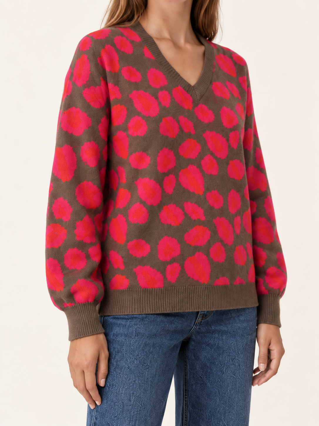 Women's V Neck Leopard Print Knit Sweater with Balloon Sleeves