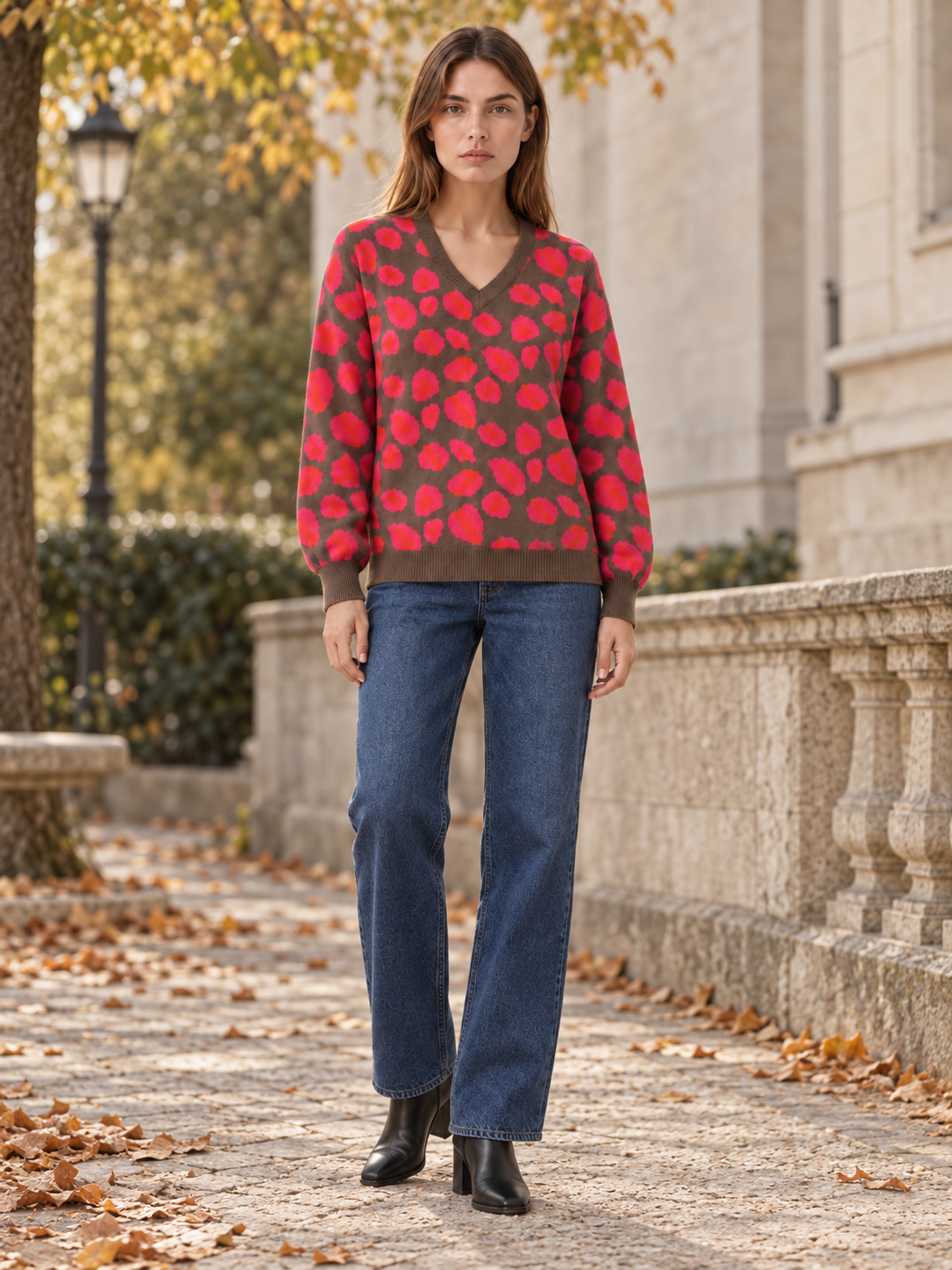Women's V Neck Leopard Print Knit Sweater with Balloon Sleeves