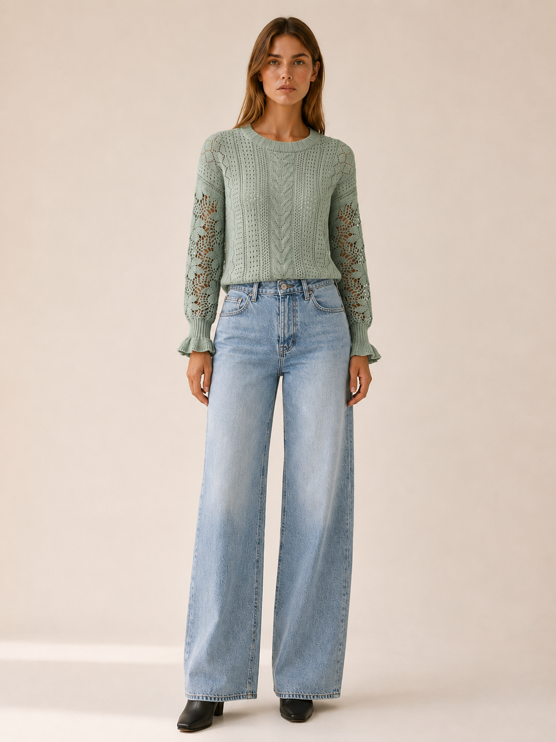 Women's Cable Knit Sweater with Crochet Lace Sleeves and Ruffle Cuffs