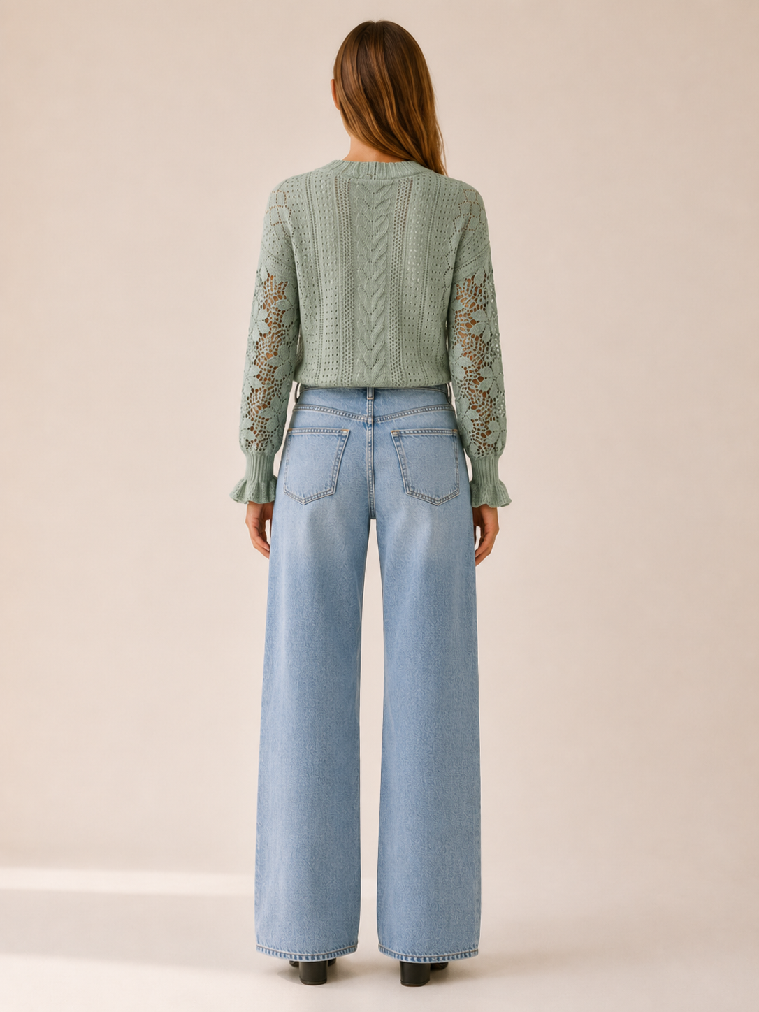 Women's Cable Knit Sweater with Crochet Lace Sleeves and Ruffle Cuffs