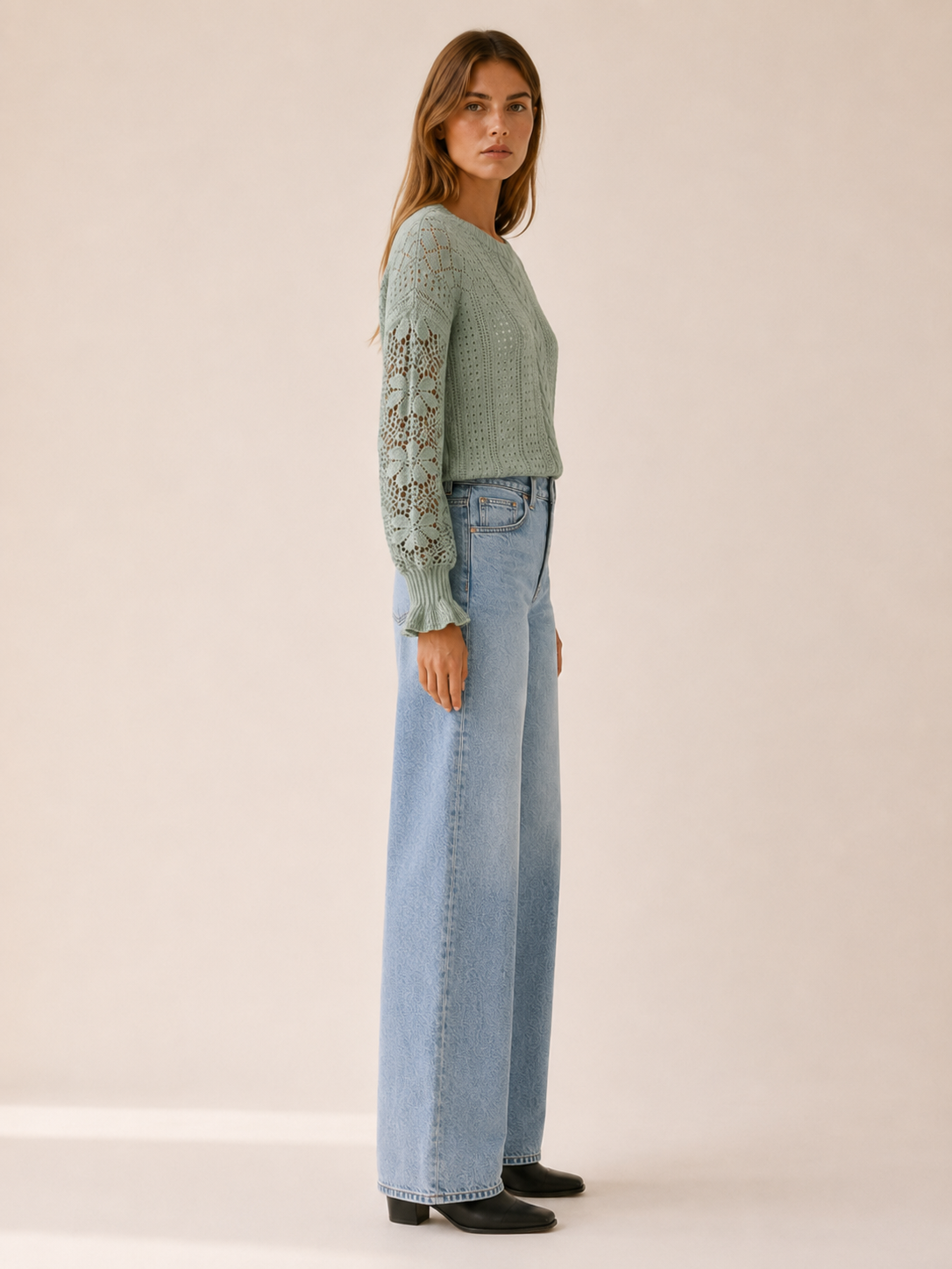 Women's Cable Knit Sweater with Crochet Lace Sleeves and Ruffle Cuffs