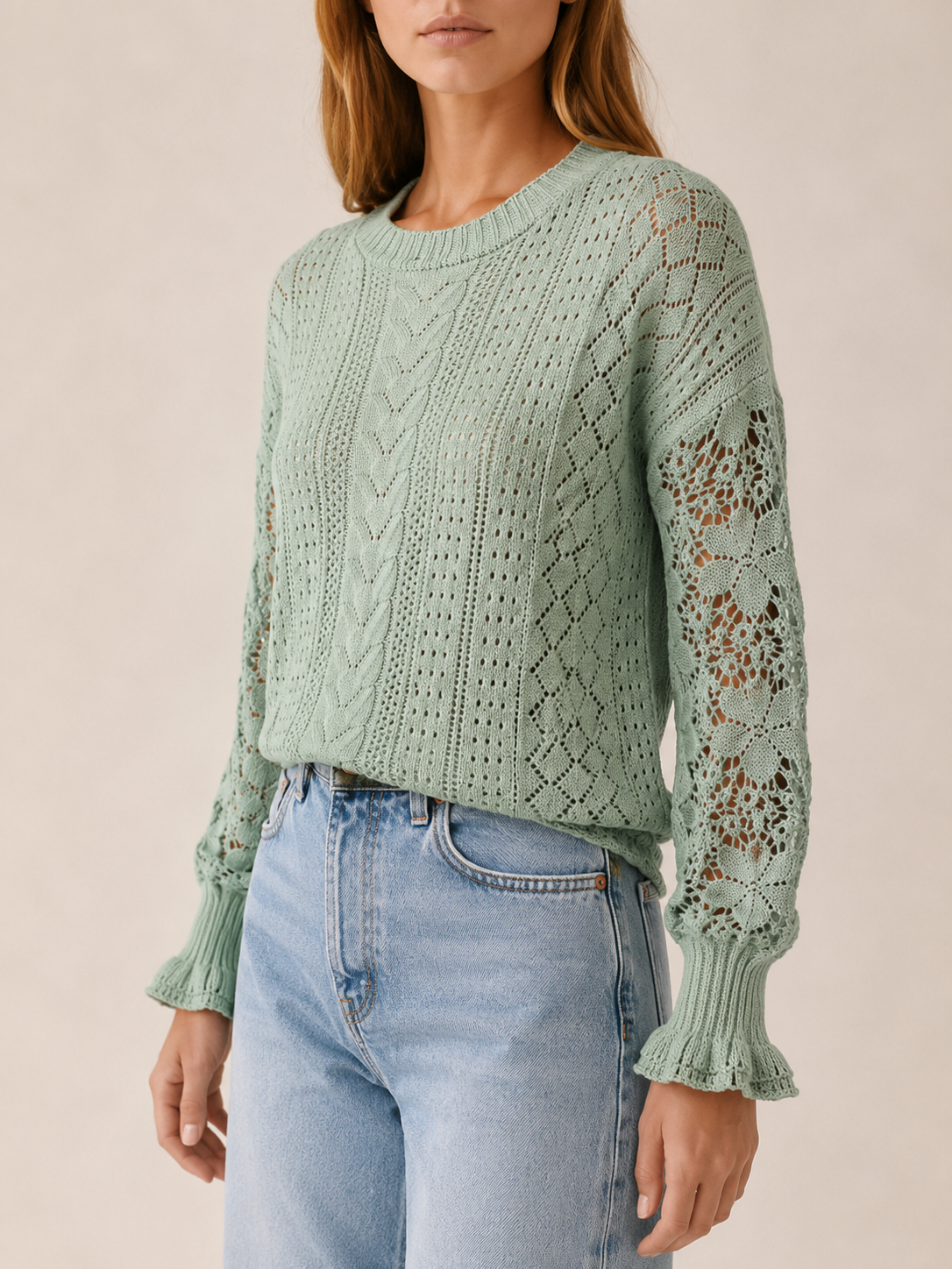 Women's Cable Knit Sweater with Crochet Lace Sleeves and Ruffle Cuffs