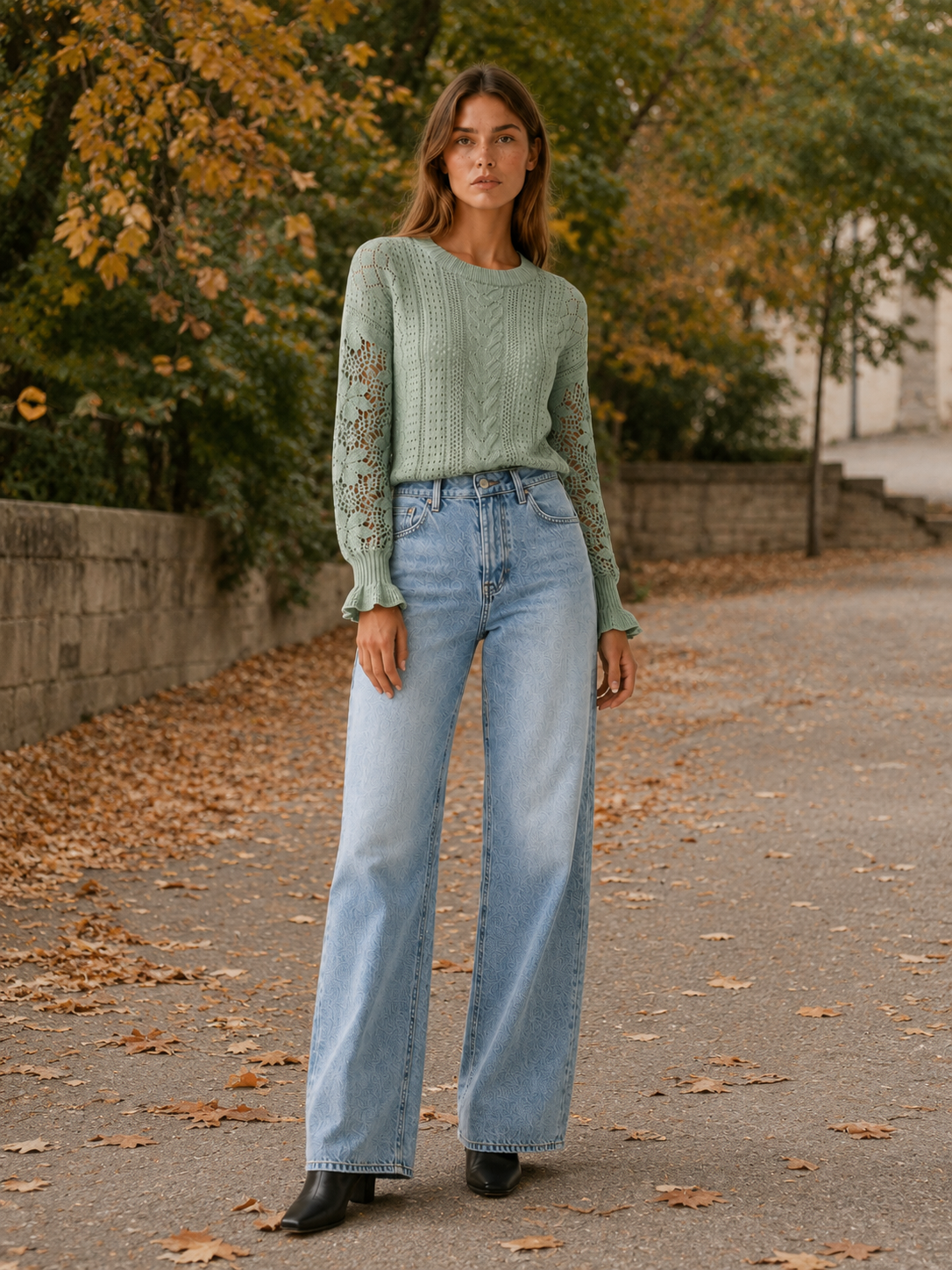 Women's Cable Knit Sweater with Crochet Lace Sleeves and Ruffle Cuffs
