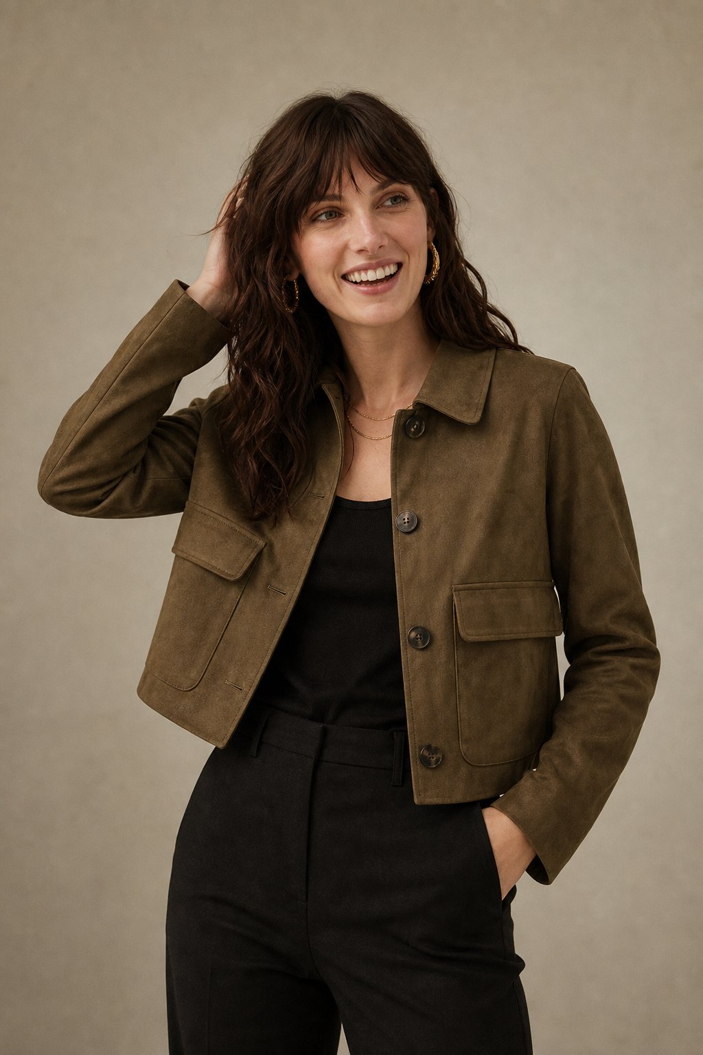Women's Cropped Suede Jacket with Button Front and Chest Pockets