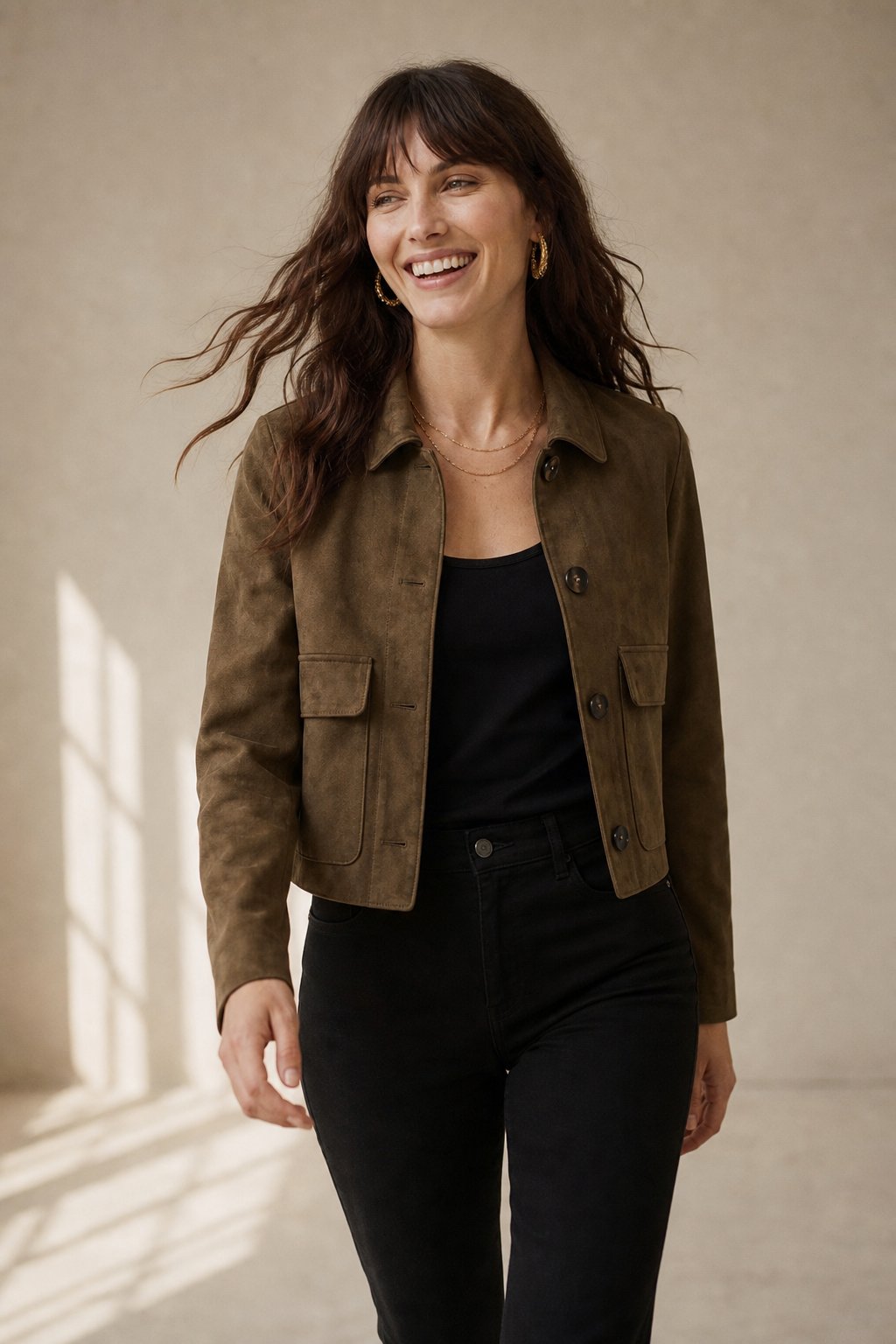 Women's Cropped Suede Jacket with Button Front and Chest Pockets