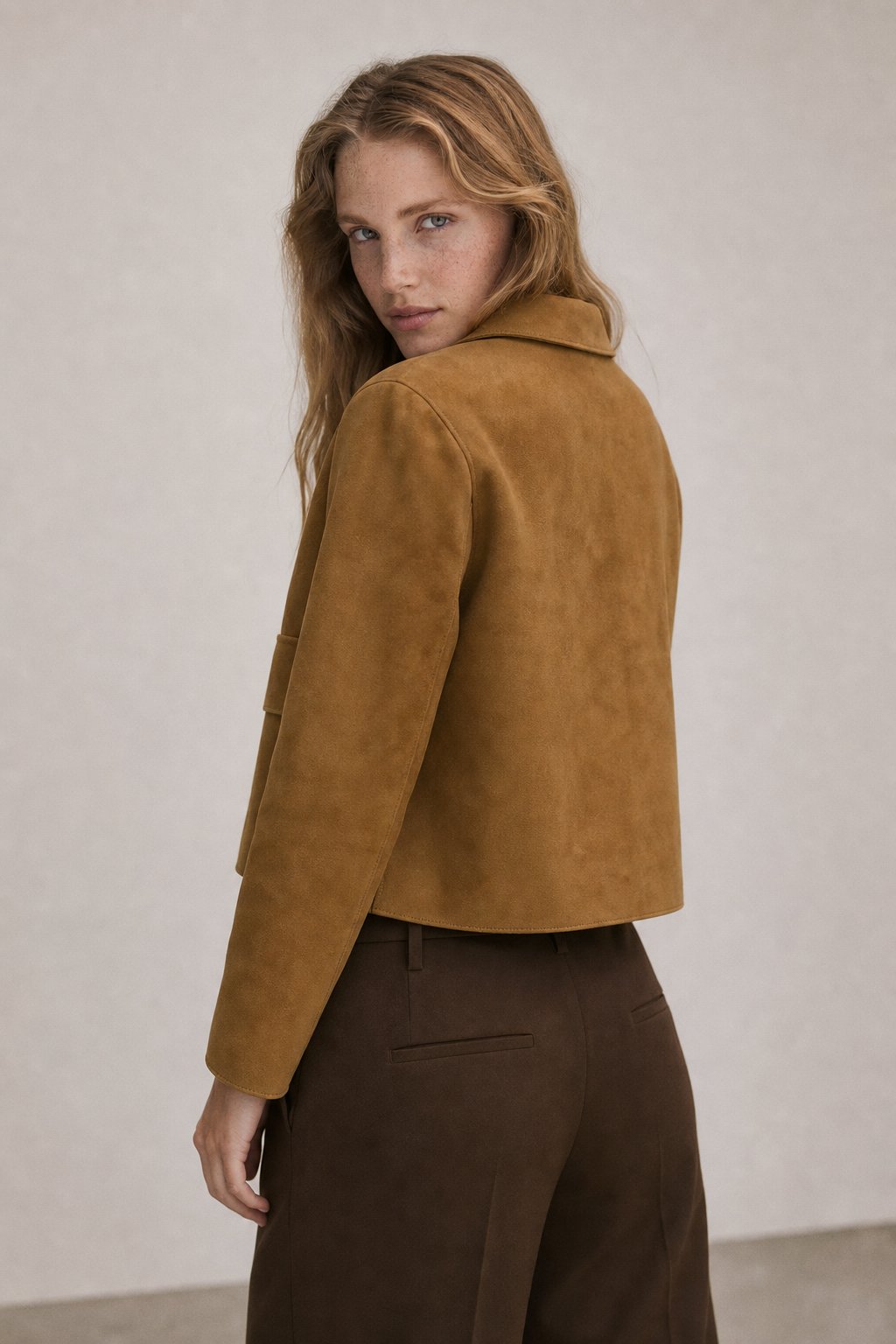Women's Cropped Suede Jacket with Button Front and Chest Pockets