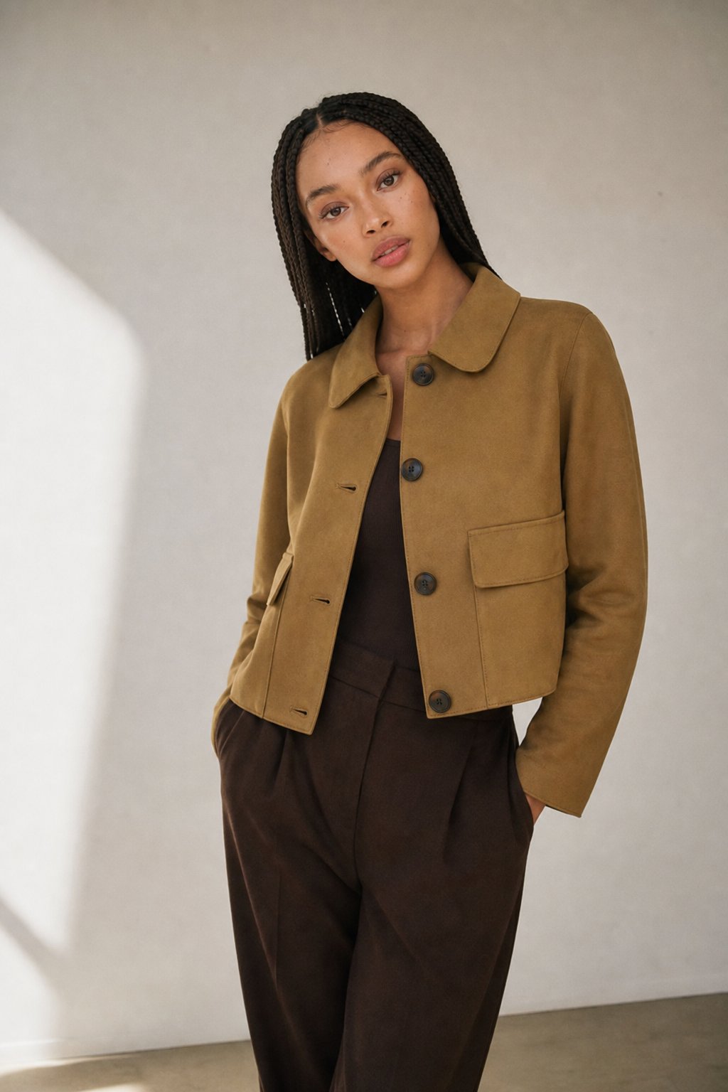 Women's Cropped Suede Jacket with Button Front and Chest Pockets