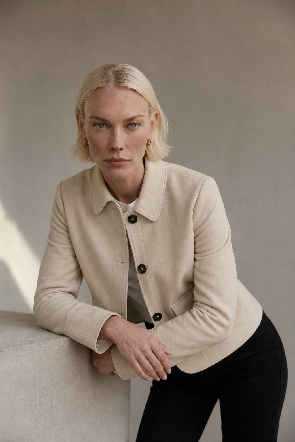 Women's Cropped Suede Jacket with Button Front and Chest Pockets