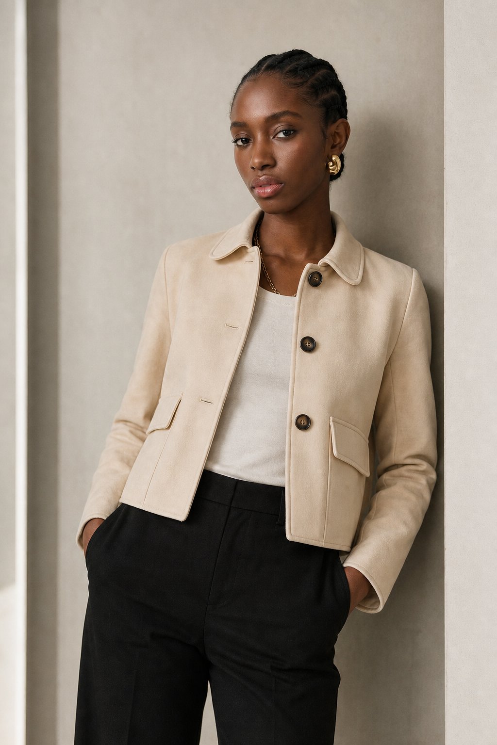 Women's Cropped Suede Jacket with Button Front and Chest Pockets