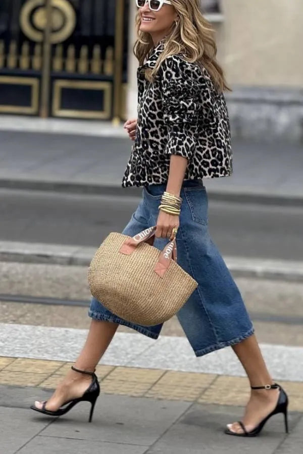Women's Cropped Leopard Print Collared Button Front Jacket