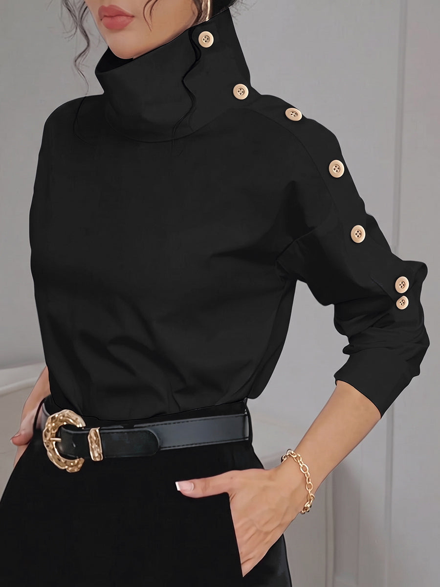 Women's Buttoned Shoulder Turtleneck Blouse With Long Sleeves
