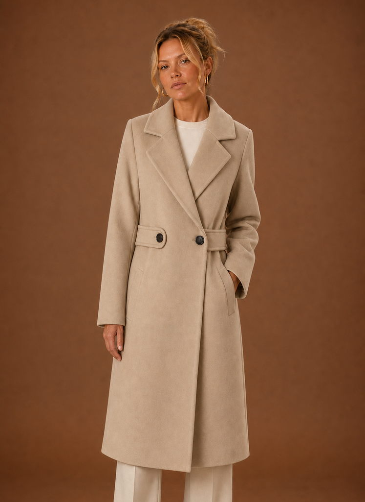 Women's Mid Long Tailored Trench Coat with Wide Lapel and Belted Waist