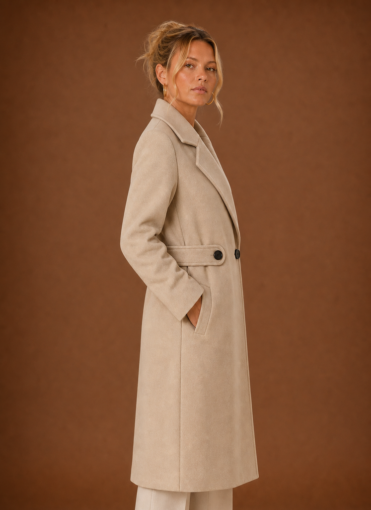 Women's Mid Long Tailored Trench Coat with Wide Lapel and Belted Waist